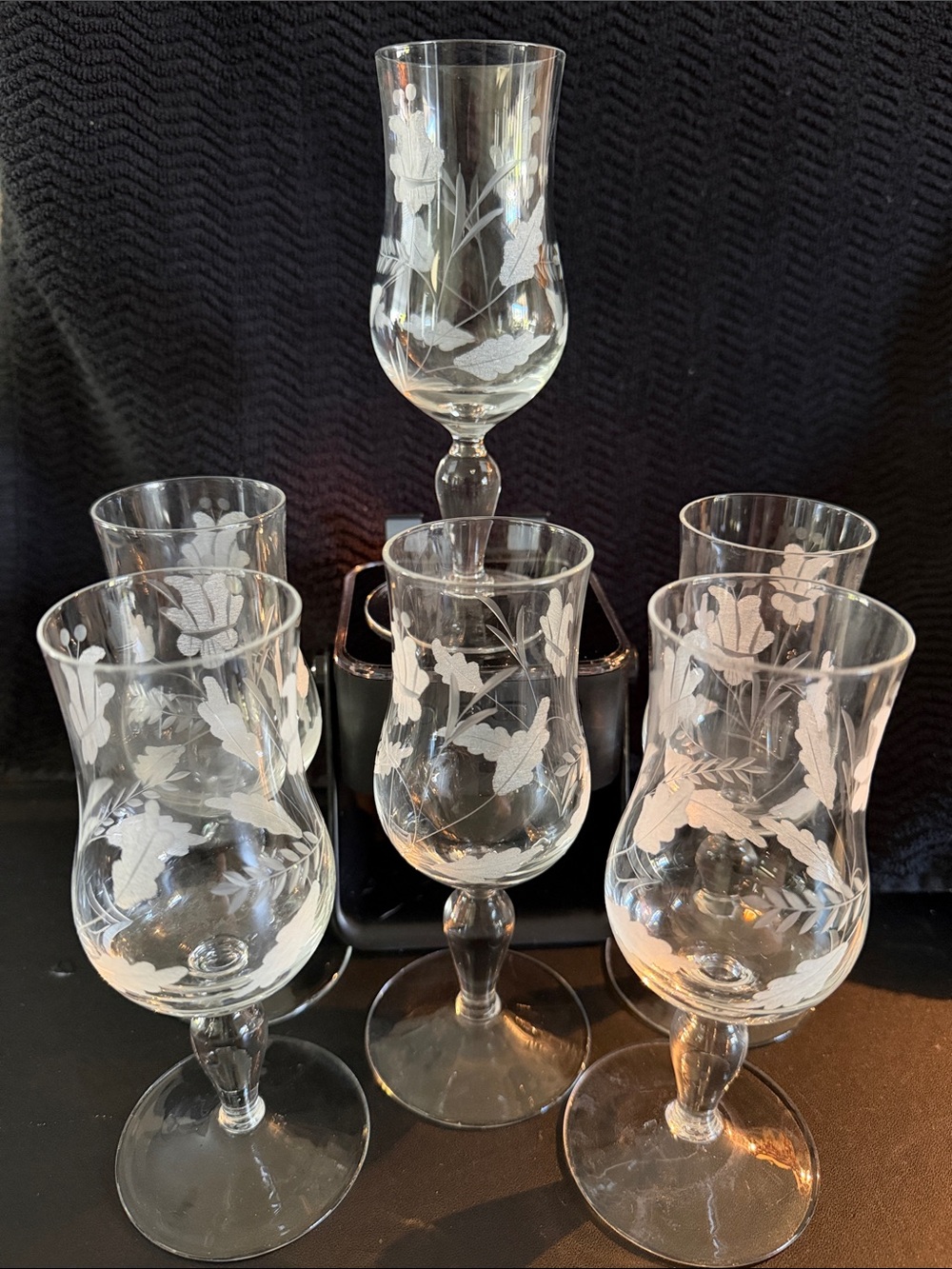 Vintage Butterfly Leaf Etched Floral Stemmed Glassware Set - Set of 6 - 6” tall